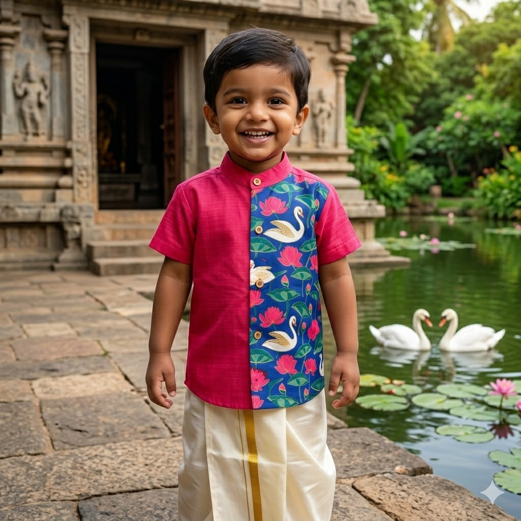 Kids Ethnic Shirt - pink & Blue Swan