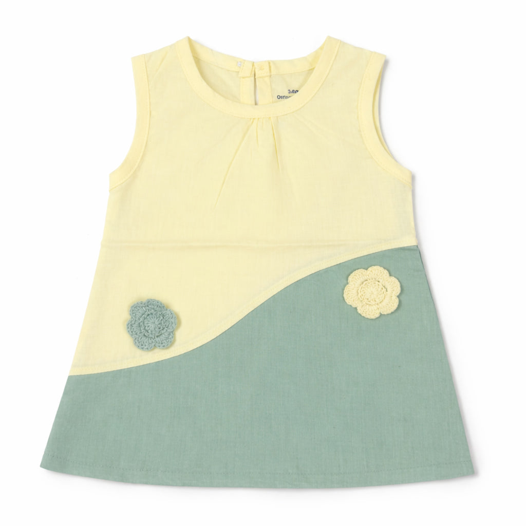 Sleeveless Frock-Cotton-yellow & Green-2