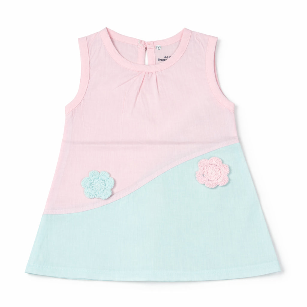 Sleeveless Frock-Cotton-Pink and Blue