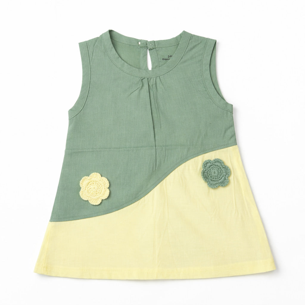 Sleeveless Frock-Cotton-Forest Green&Yellow