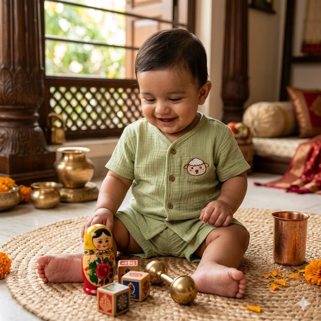 Muslin Jabla set-Crinkle-Olive Green Sheep