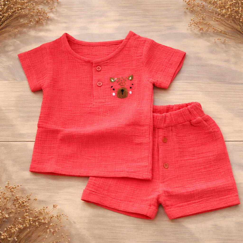 Muslin coords set-Crinkle-Watermelon Red Horse