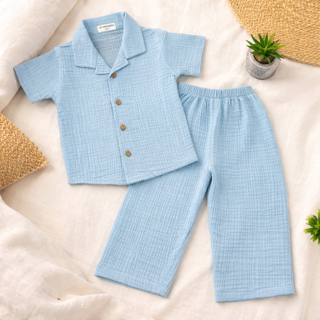 Crinkle muslin-Night suit-Sky Blue
