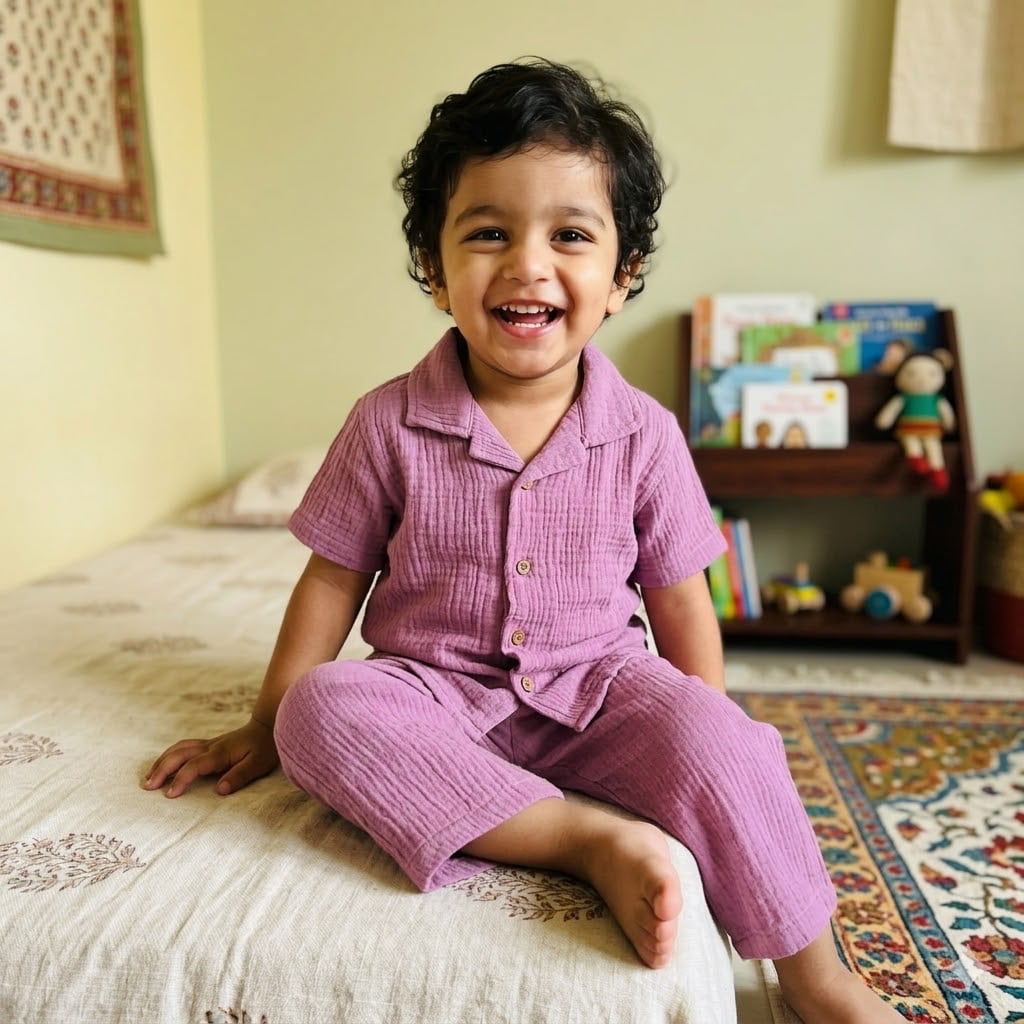 Crinkle muslin-Night suit-Lilac