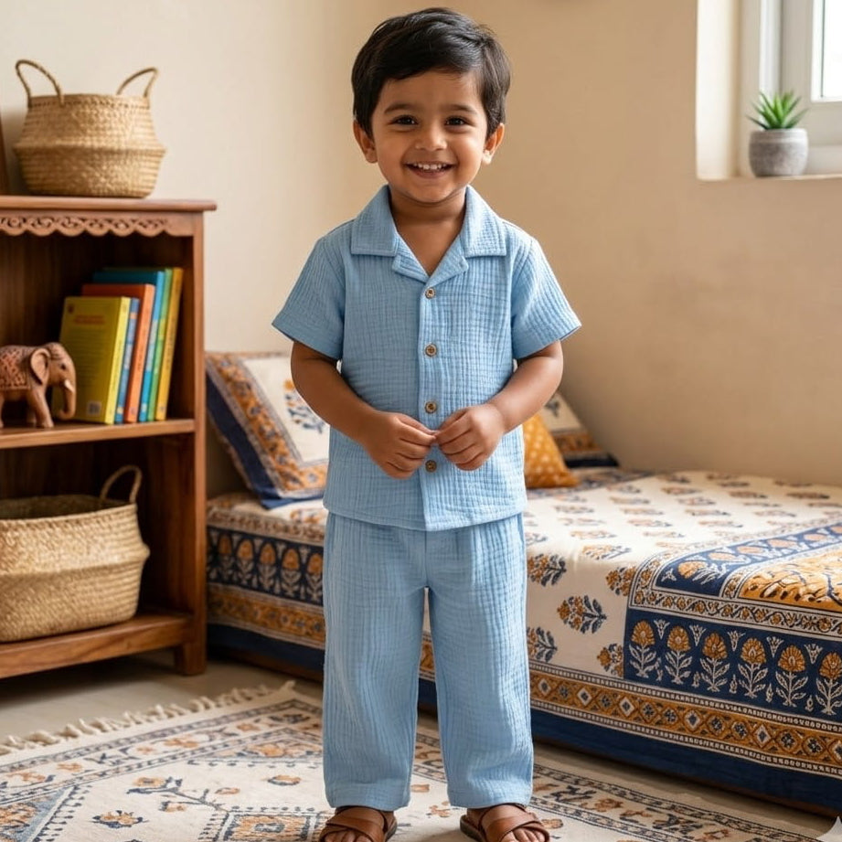 Crinkle muslin-Night suit-Sky Blue