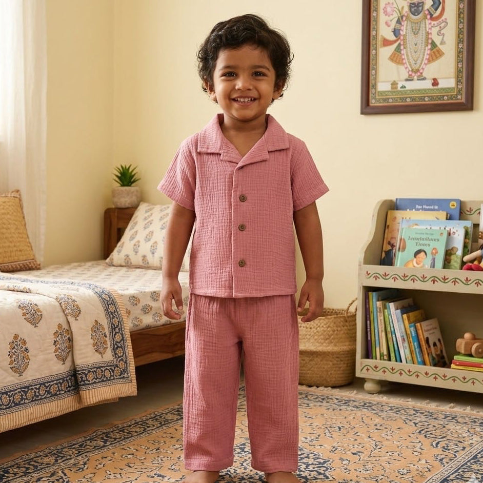 Crinkle muslin-Night suit-dusty rose