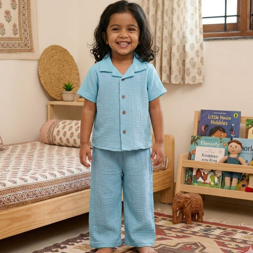 Crinkle muslin-Night suit-Sky Blue