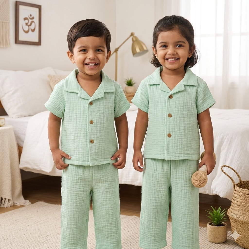 Crinkle muslin-Night suit-Mint