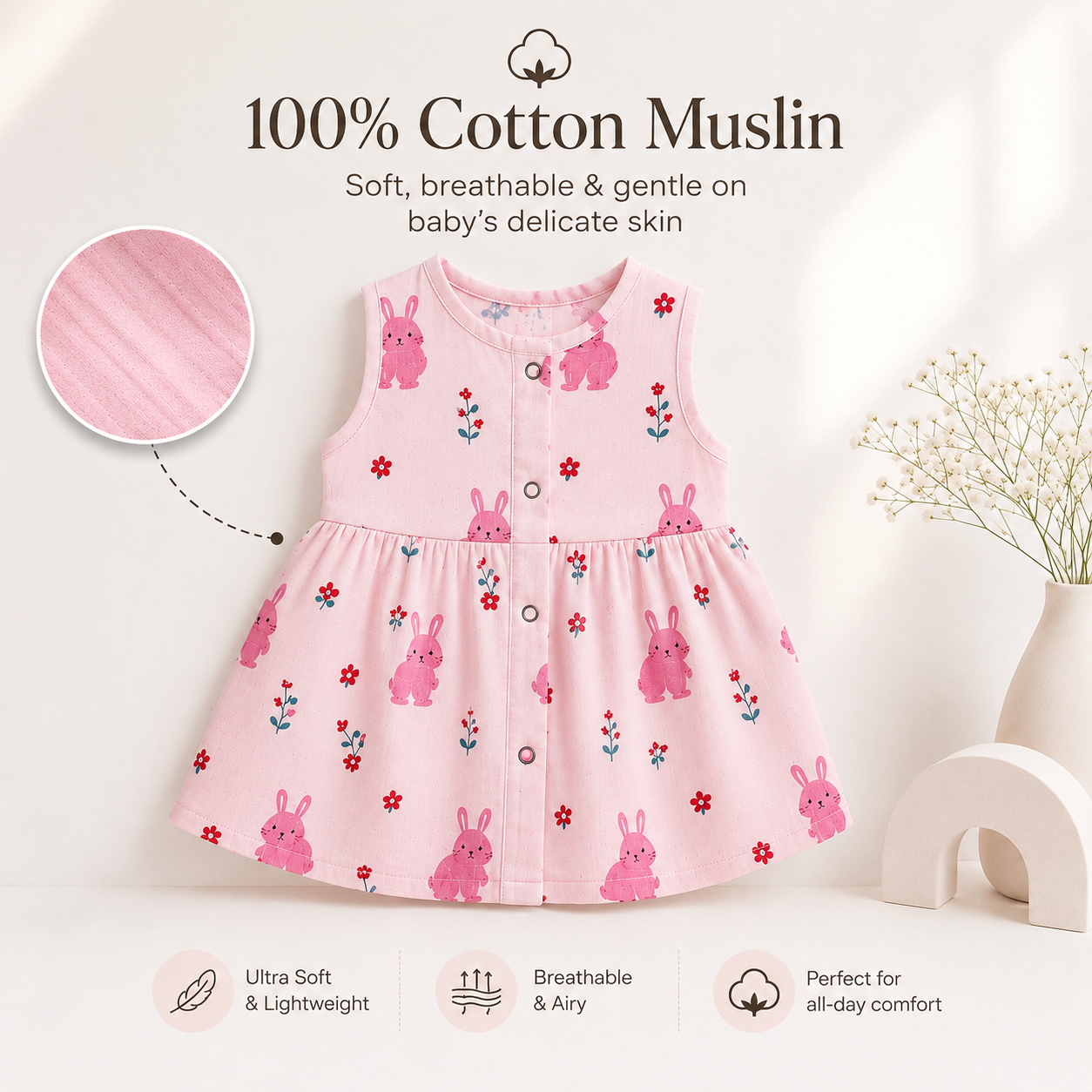 Muslin Snap Button Frock - Combo Pack of 3