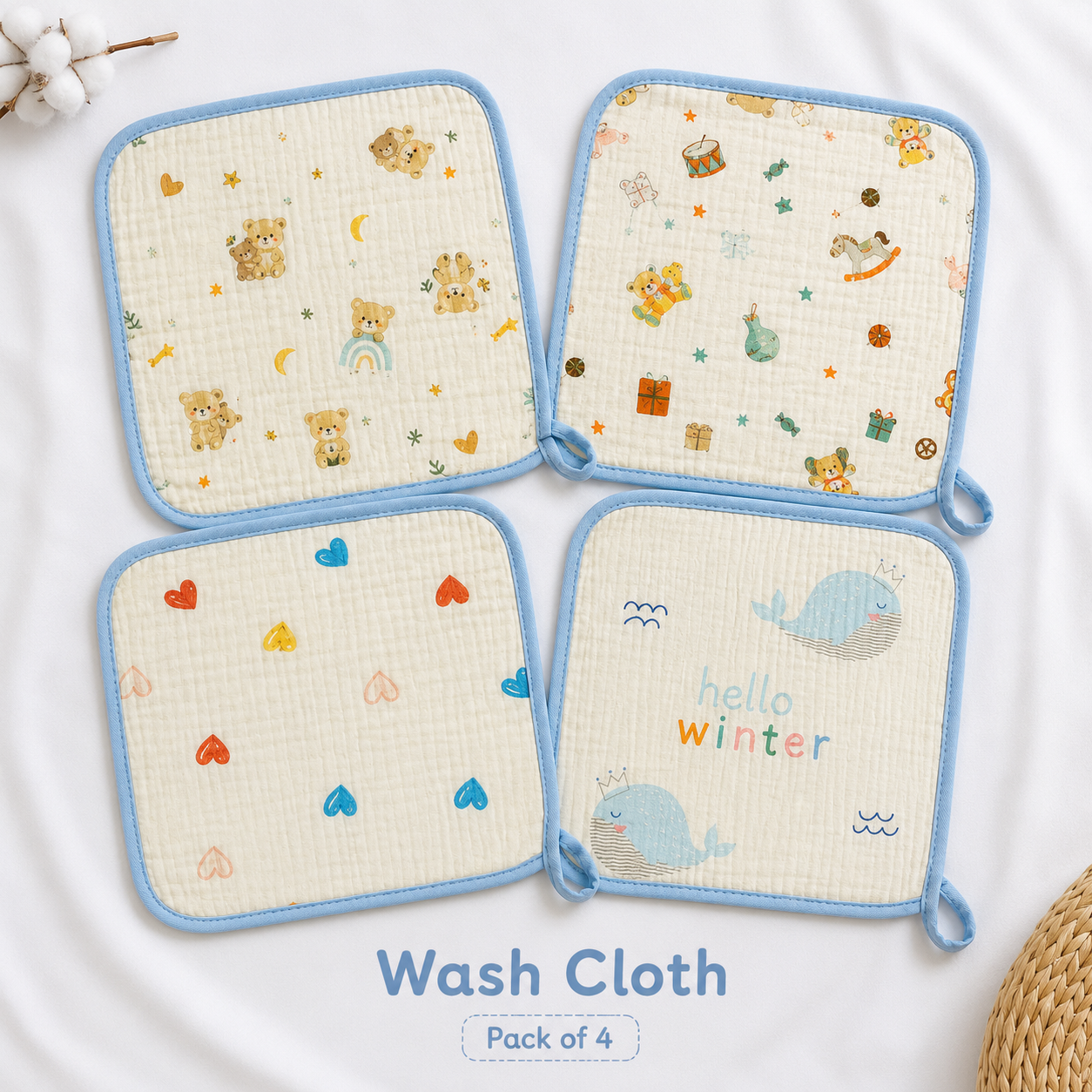 Wash Cloth- Sky Blue Print Pack of 4