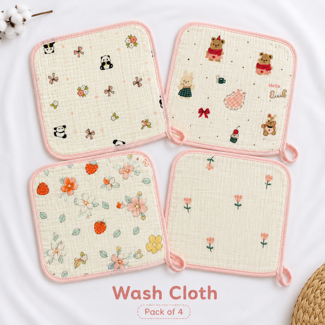 Wash Cloth- pink Colour pack of 4