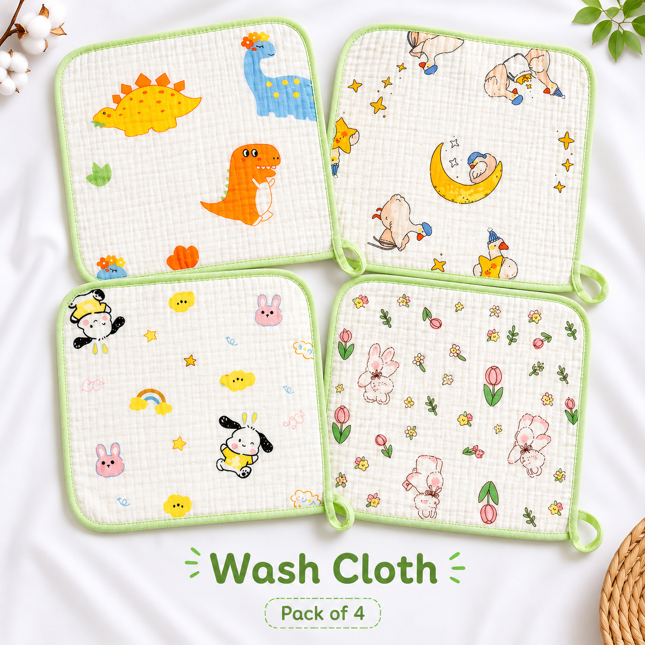 Wash Cloth- Green Print Pack of 4