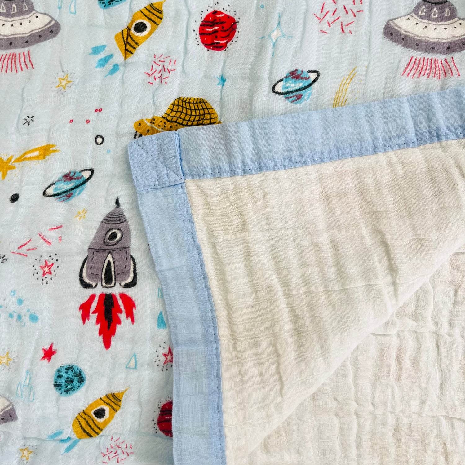 Blue space- 6 Layer Crinkle Muslin Baby Blanket - 110*110cm