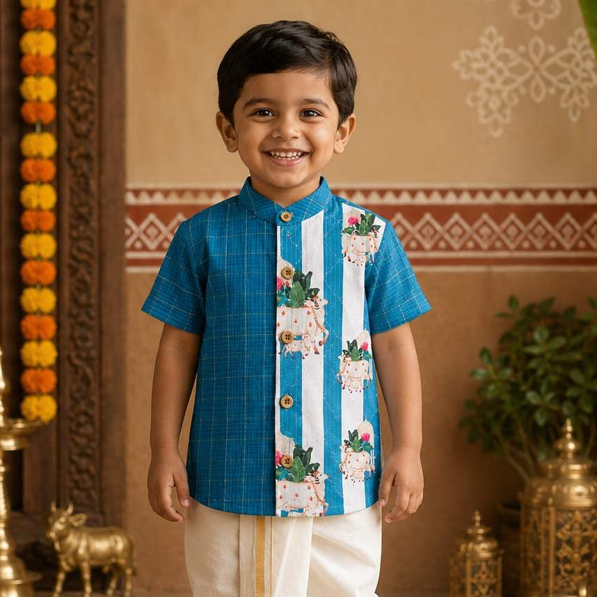 Kids Ethnic Shirt - Blue Pichwai
