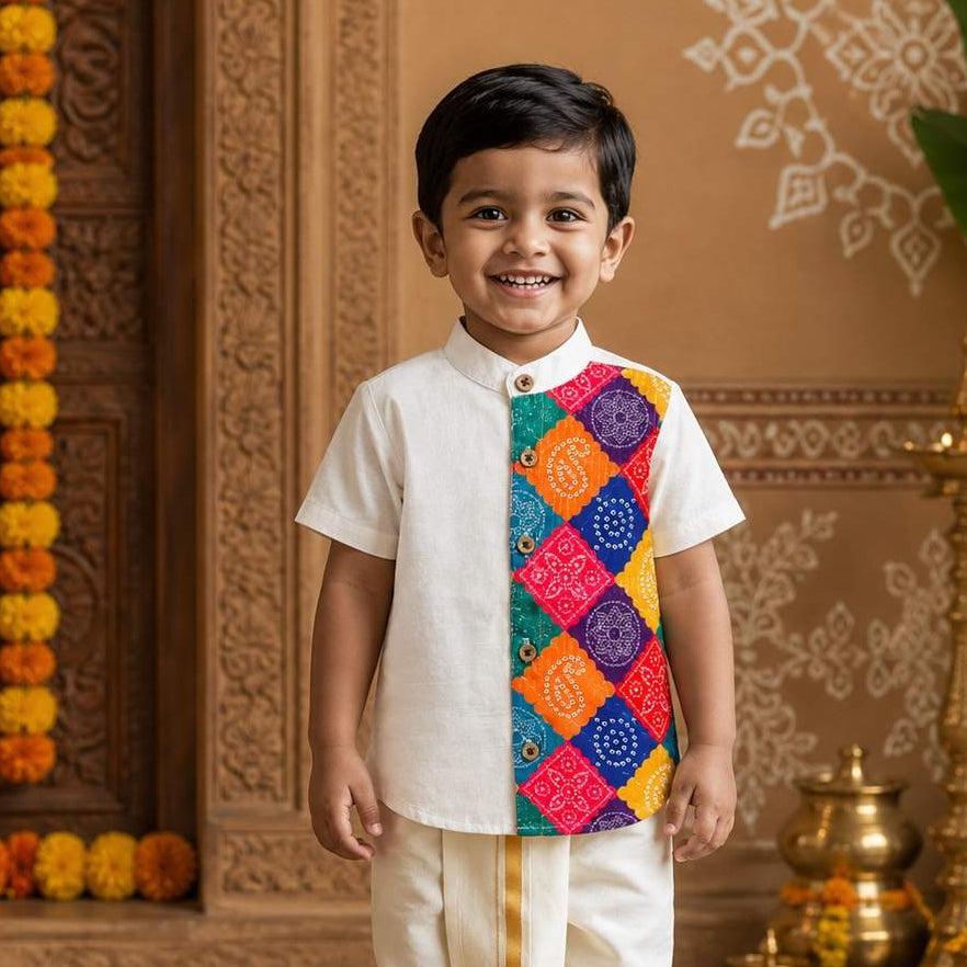 Kids Ethnic Shirt - White Bandhani