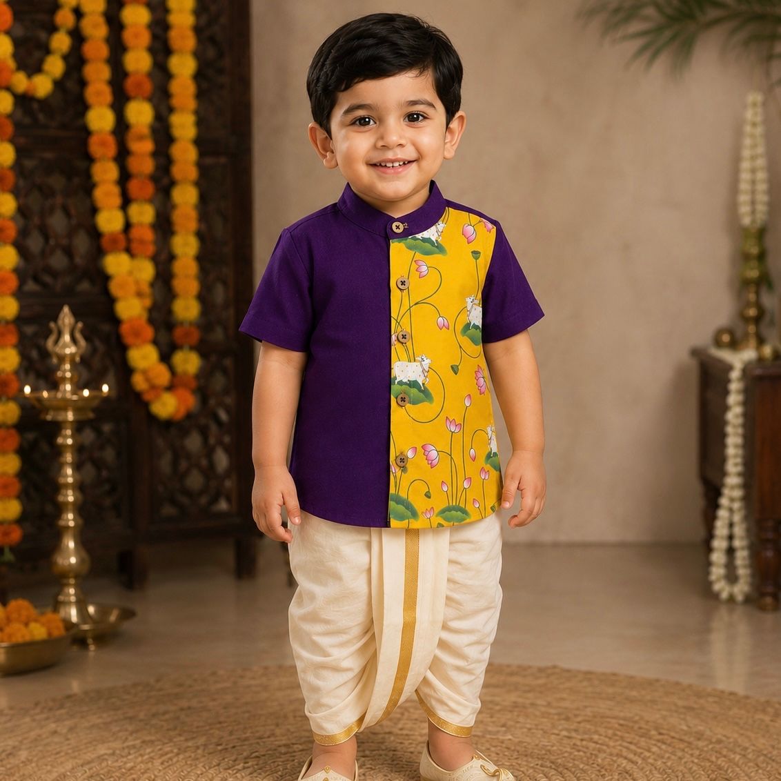 Kids Ethnic Shirt - Purple Pichwai