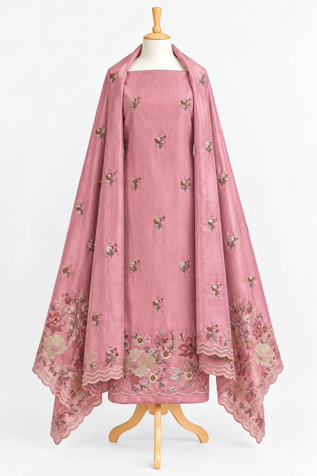 Dusty Rose Floral Embroidered 3-Piece Kurthi Set