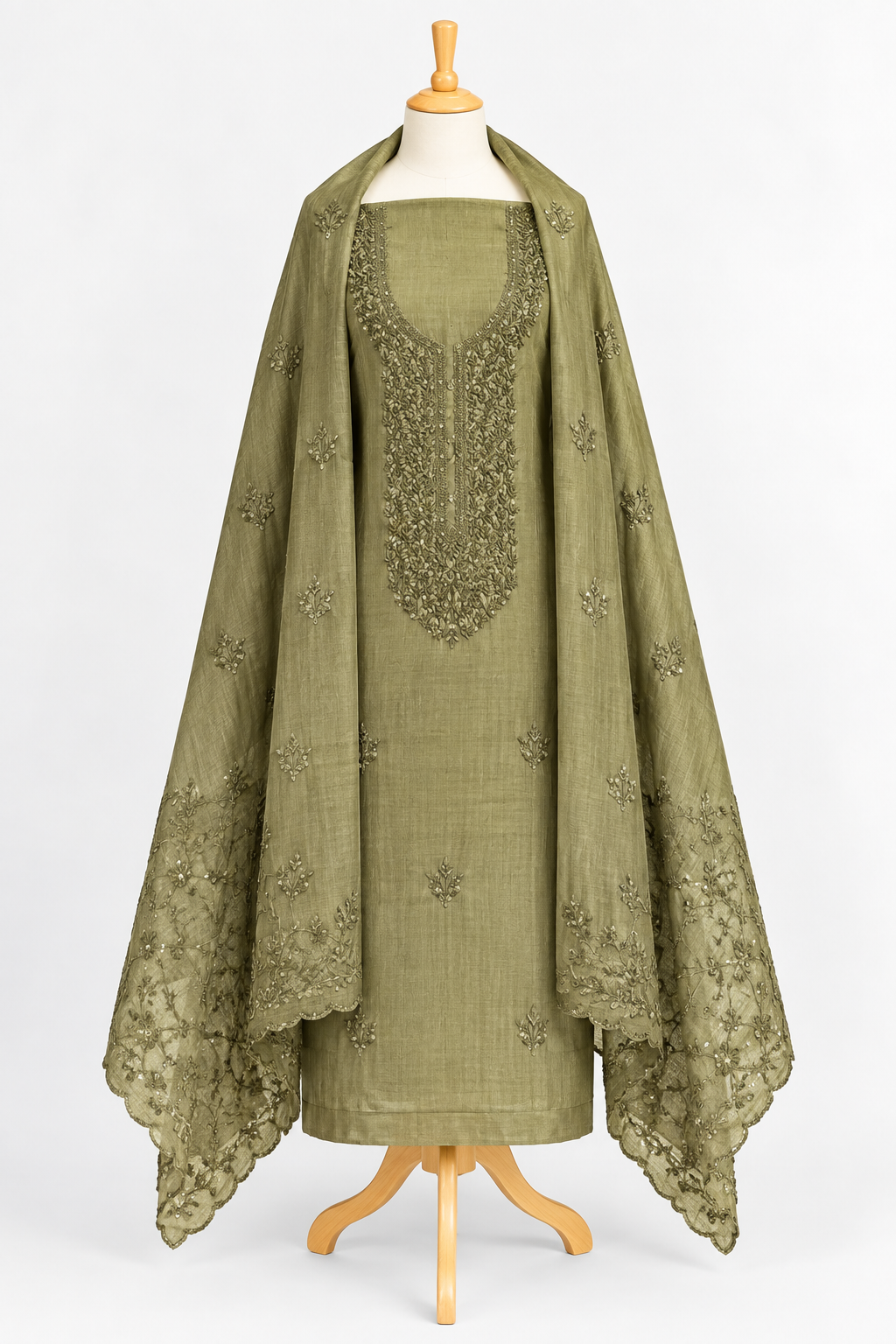 Olive Green Embroidered  3-Piece Kurthi Set