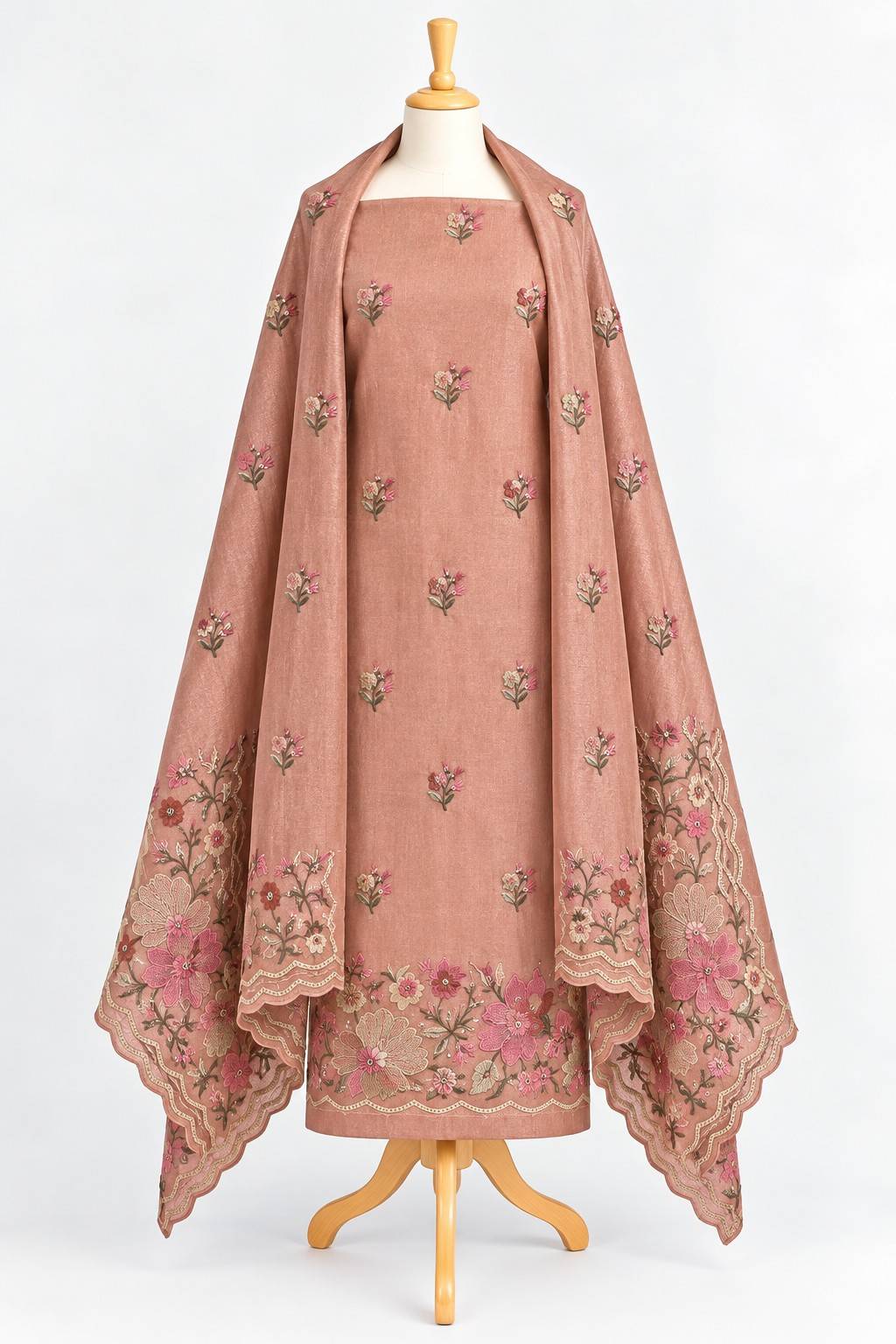 Dusty Peach Floral Embroidered 3-Piece Kurthi Set