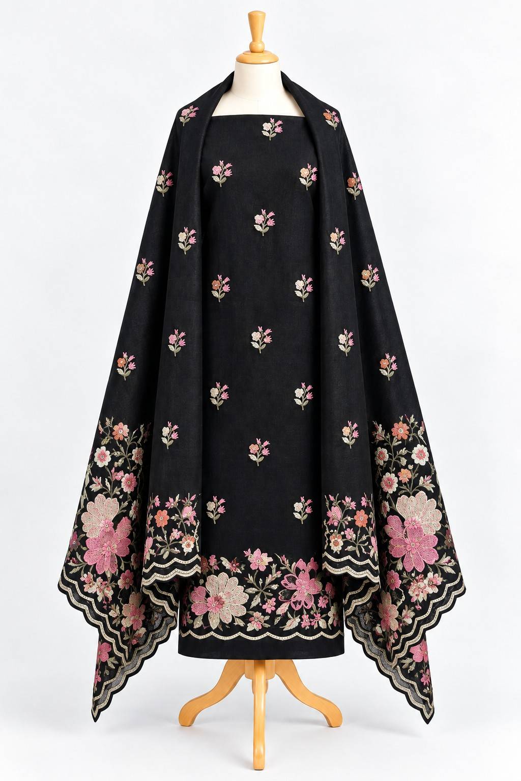 Black Floral Embroidered 3-Piece Kurthi Set