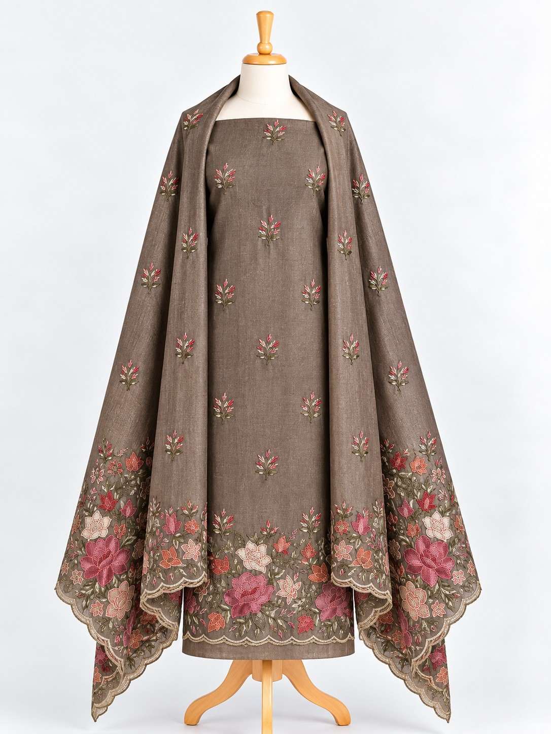 Mocha Brown Floral Embroidered 3-Piece Kurthi Set