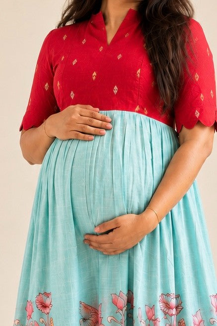 Red and aqua ethnic pregnancy maxi dress