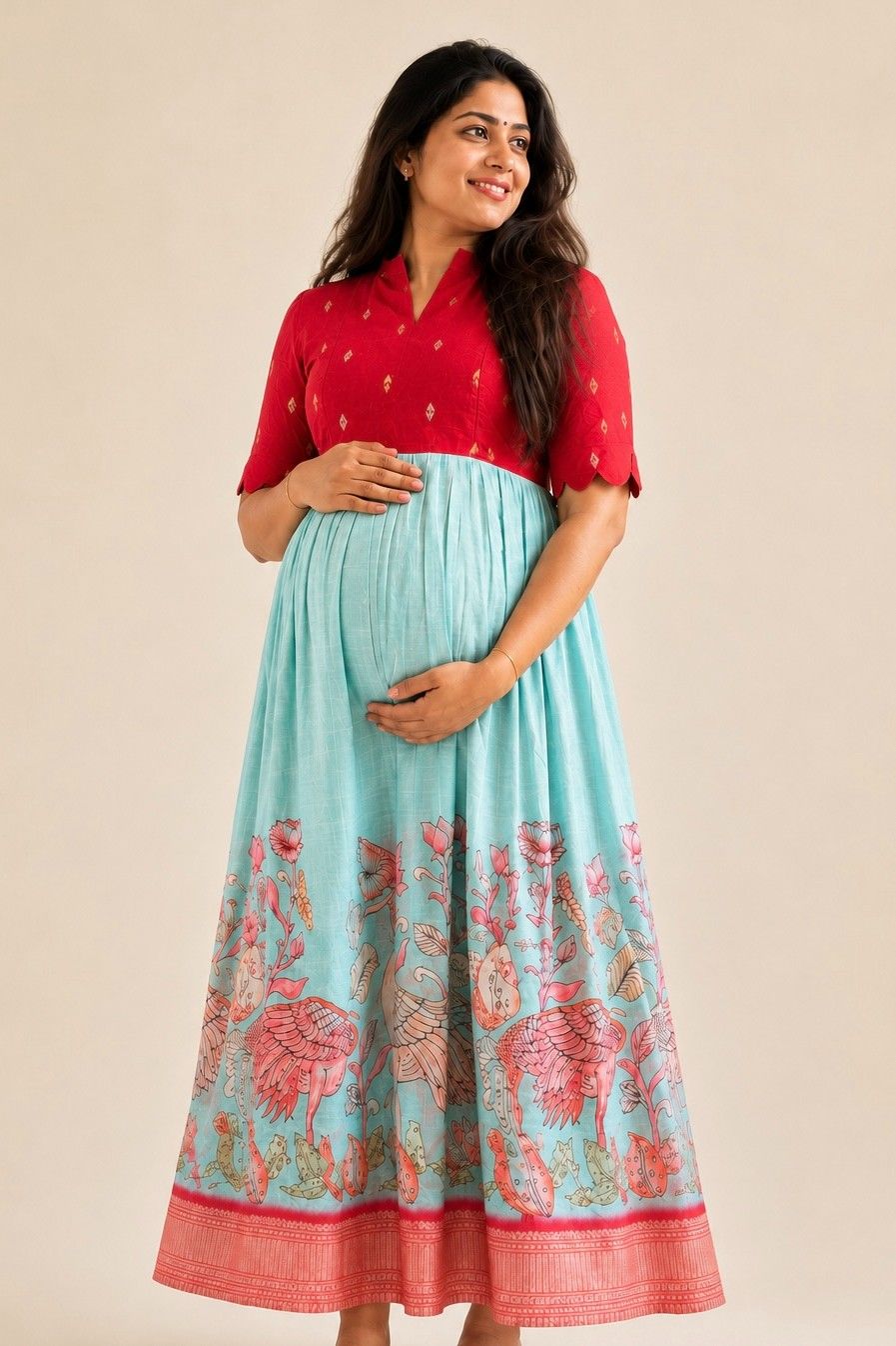Red Cherry Butta ethnic maternity maxi dress with aqua floral print