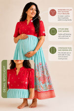 Red ethnic maternity dress with floral aqua skirt