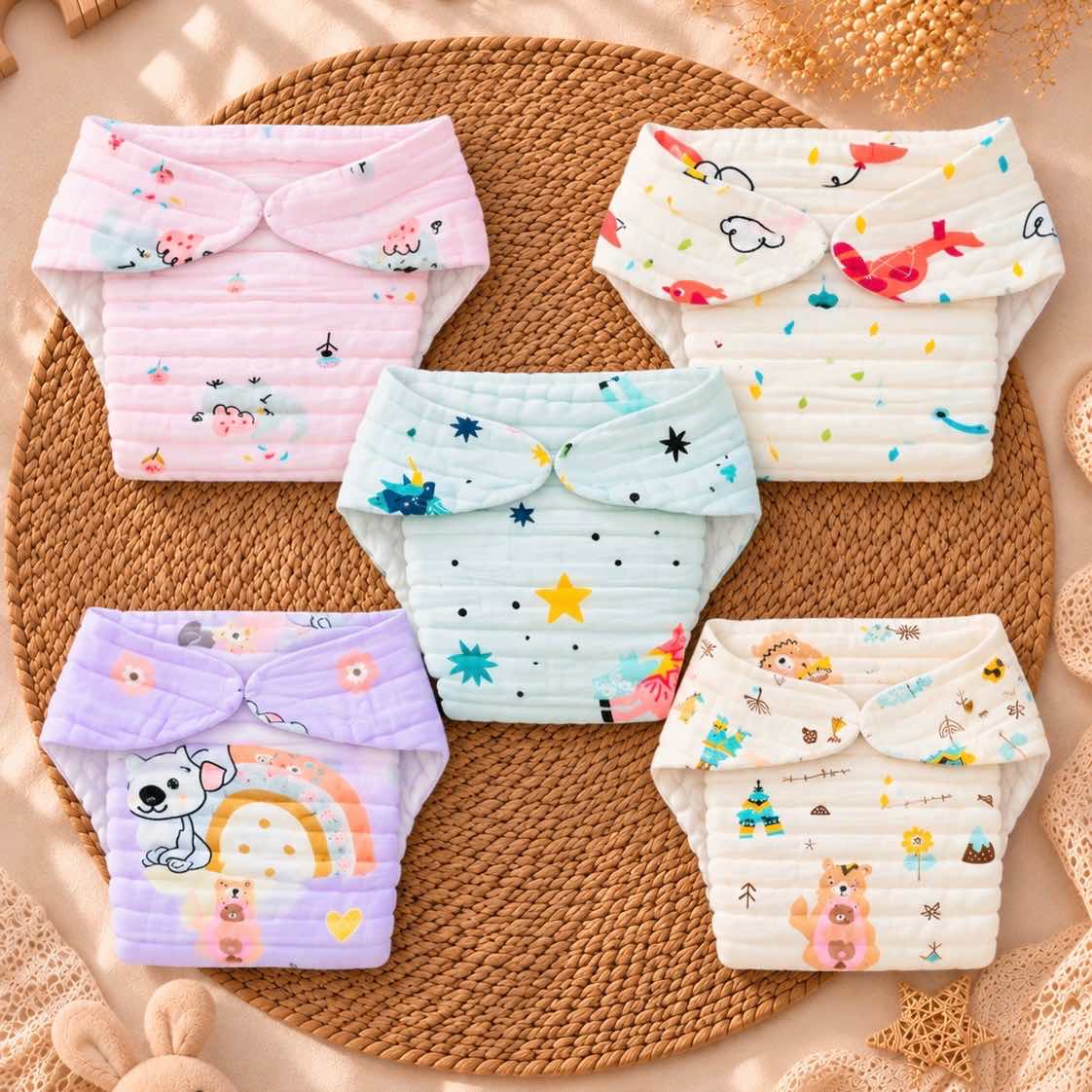 Pack of 5 - colourful Velcro Muslin Nappies(Assorted)
