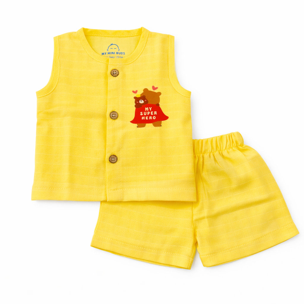 Muslin sleeveless jabla & shorts set-yellow Bear super Hero