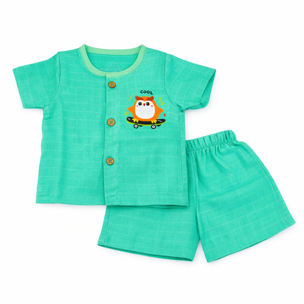 Muslin half sleeve jabla & shorts set-cool owl skate green