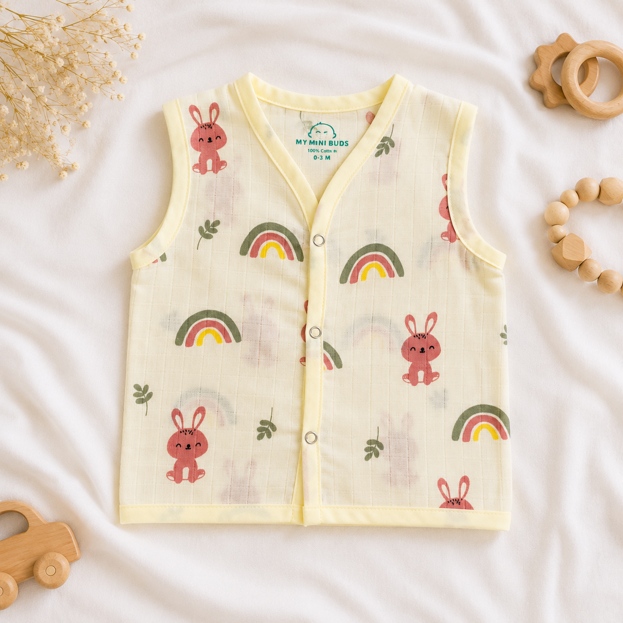 Muslin Snap Button Jabla- yellow rabbit and rainbow