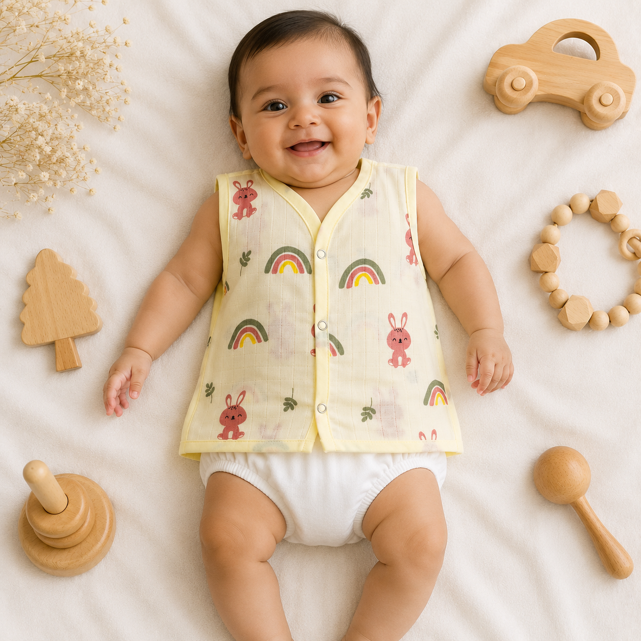Muslin Snap Button Jabla- yellow rabbit and rainbow