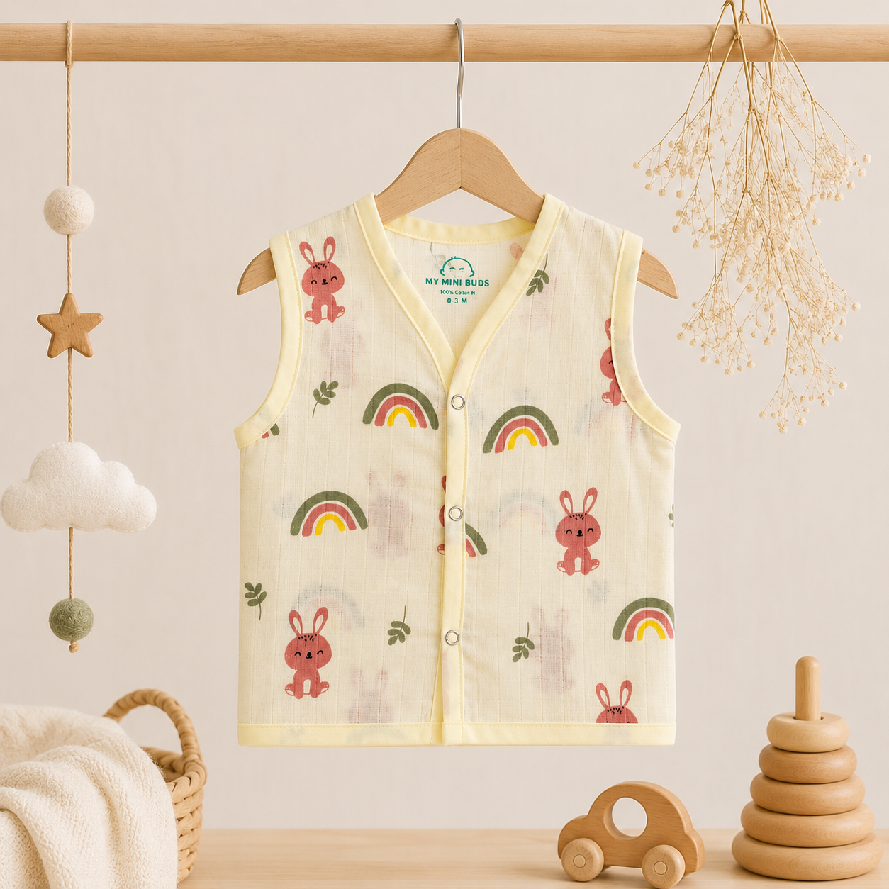 Muslin Snap Button Jabla- yellow rabbit and rainbow