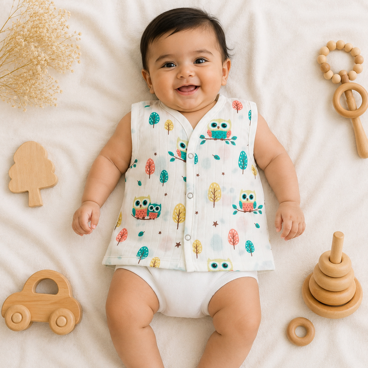 Muslin Snap Button Jabla- Green Owl