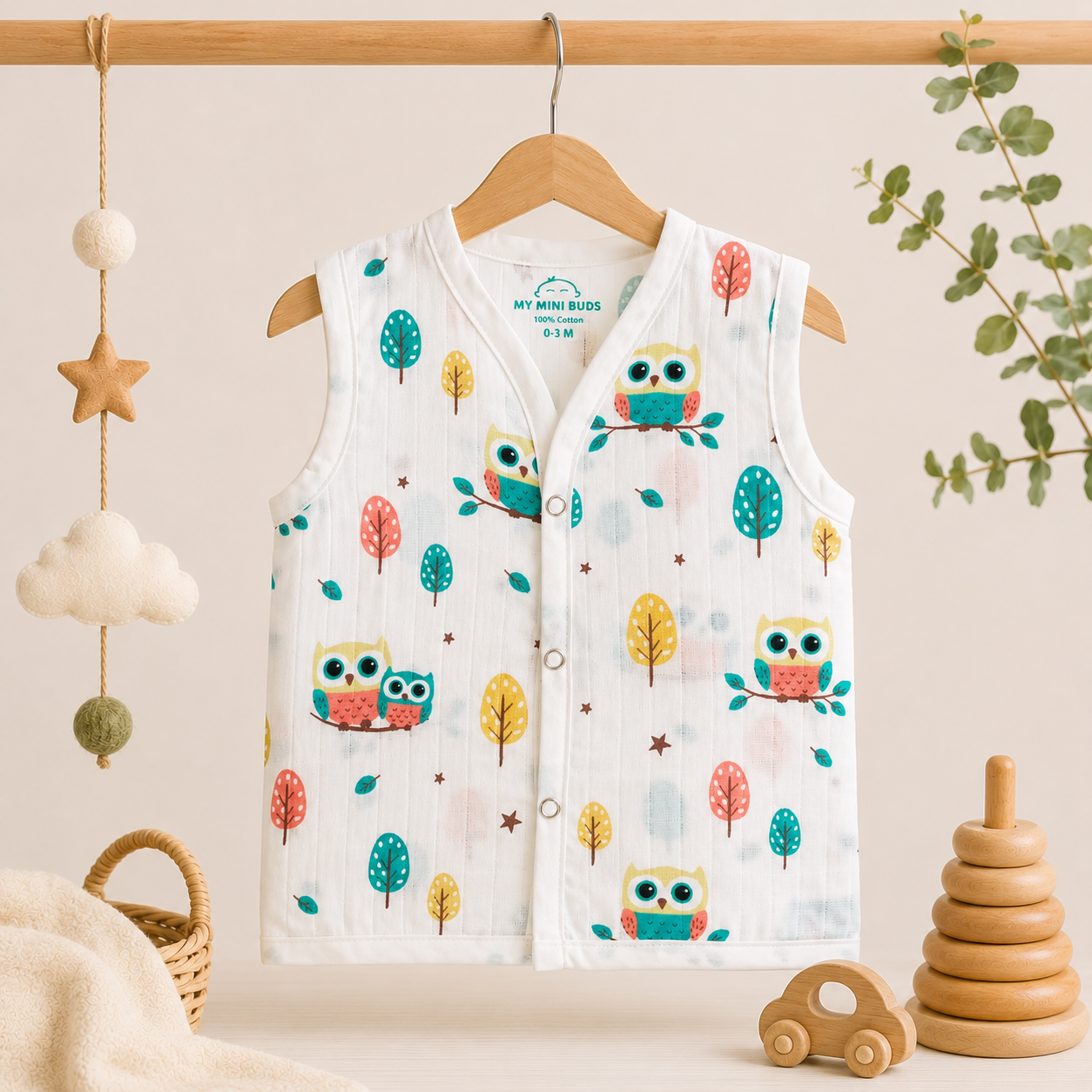 Muslin Snap Button Jabla- Green Owl