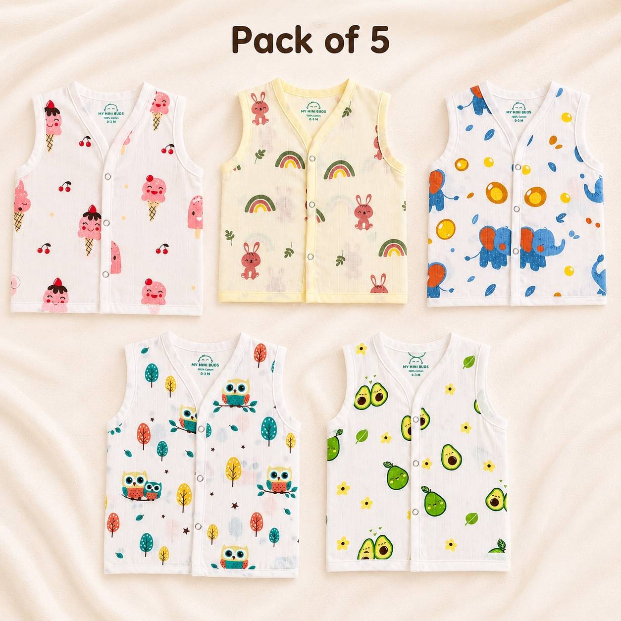 Muslin Snap Button Jabla- Combo Pack of 5