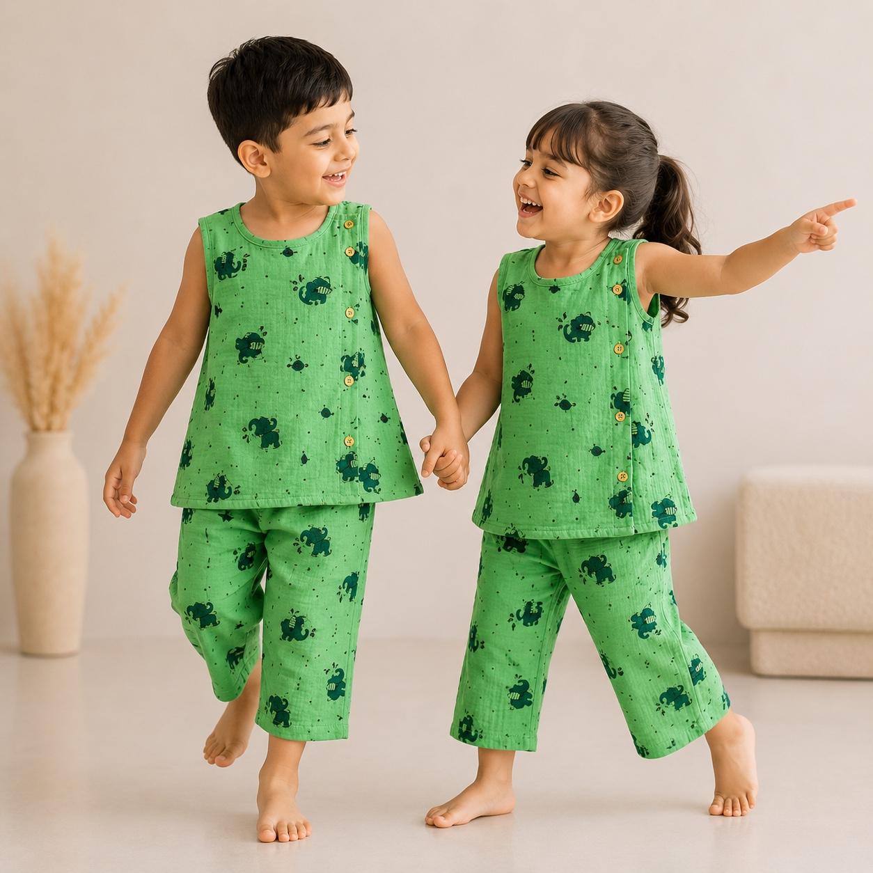 A  Green Elephant -Co-Ord Set-Crinkle muslin
