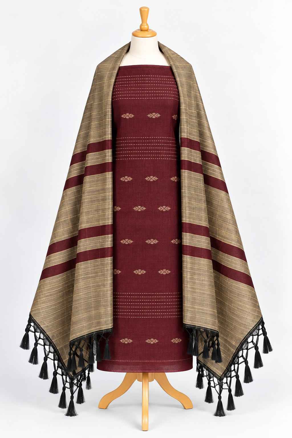 Maroon Raw Silk 3-Piece Kurthi Set