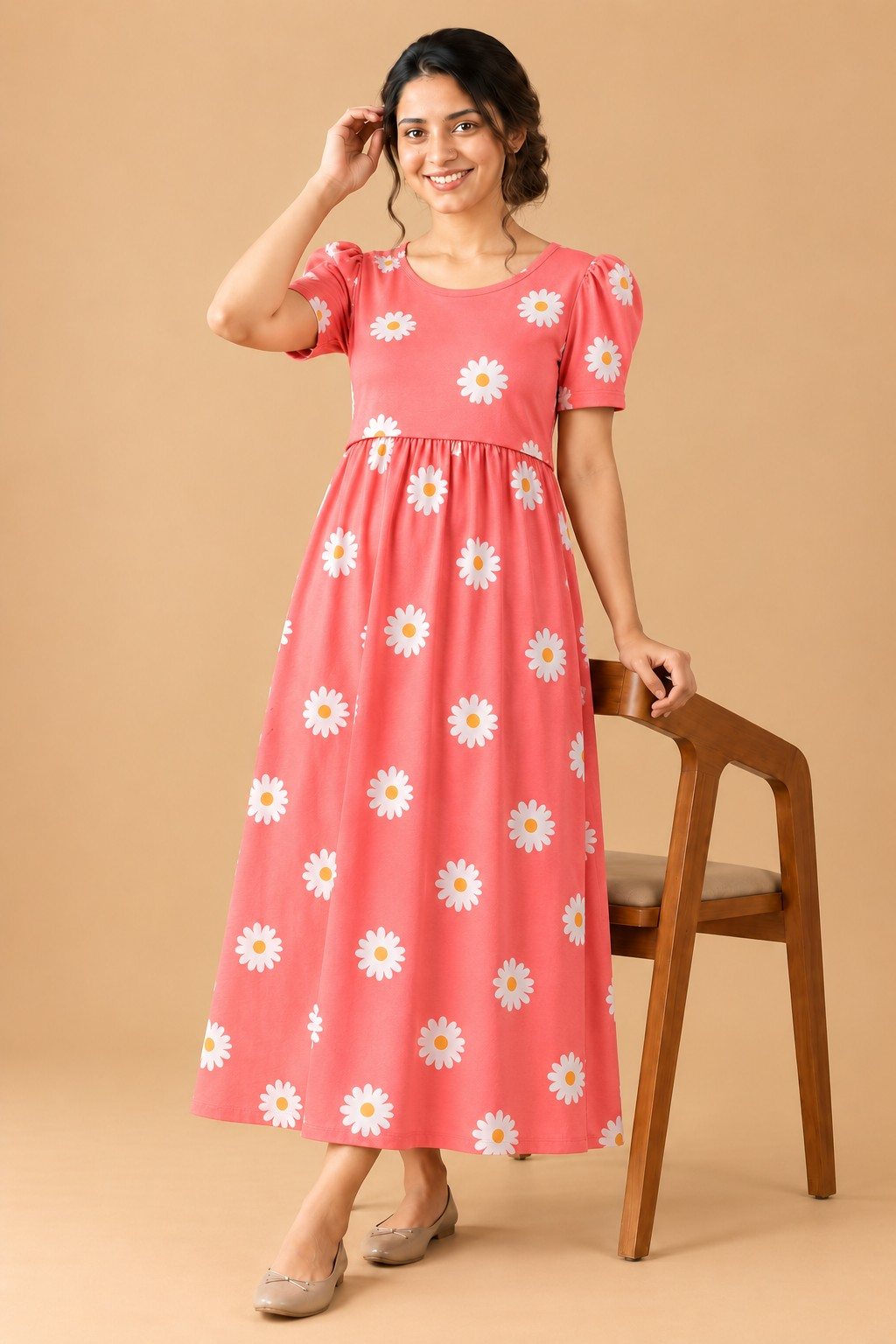 Coral Pink Daisy Maternity Zipless Maxi