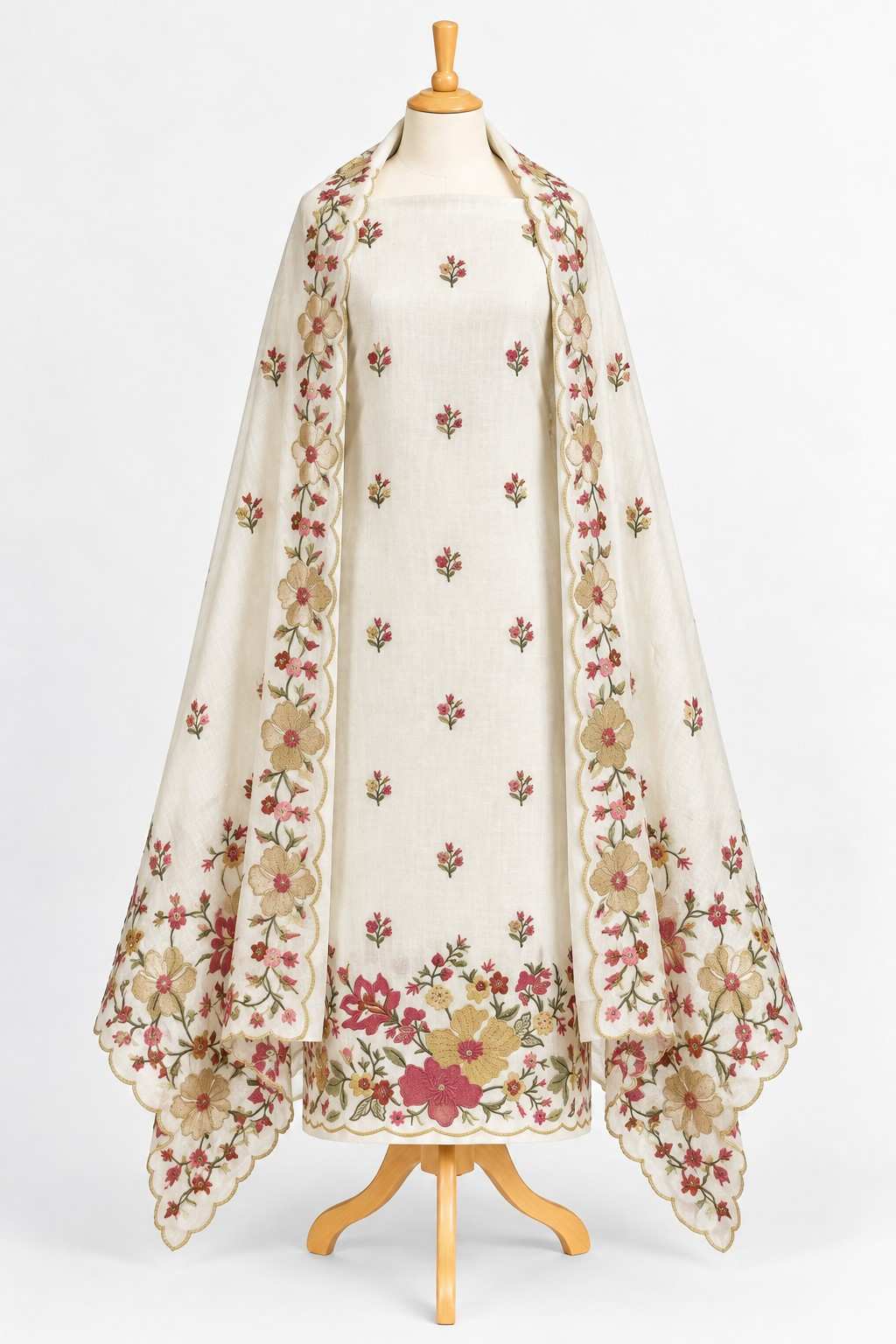 White Floral Embroidered 3-Piece Kurthi Set