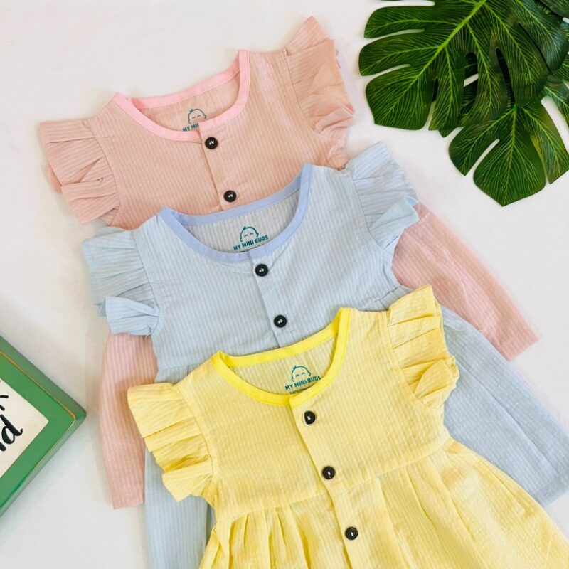 A Combo Pack of 3- Seersucker cotton Frill Frock - Image 1