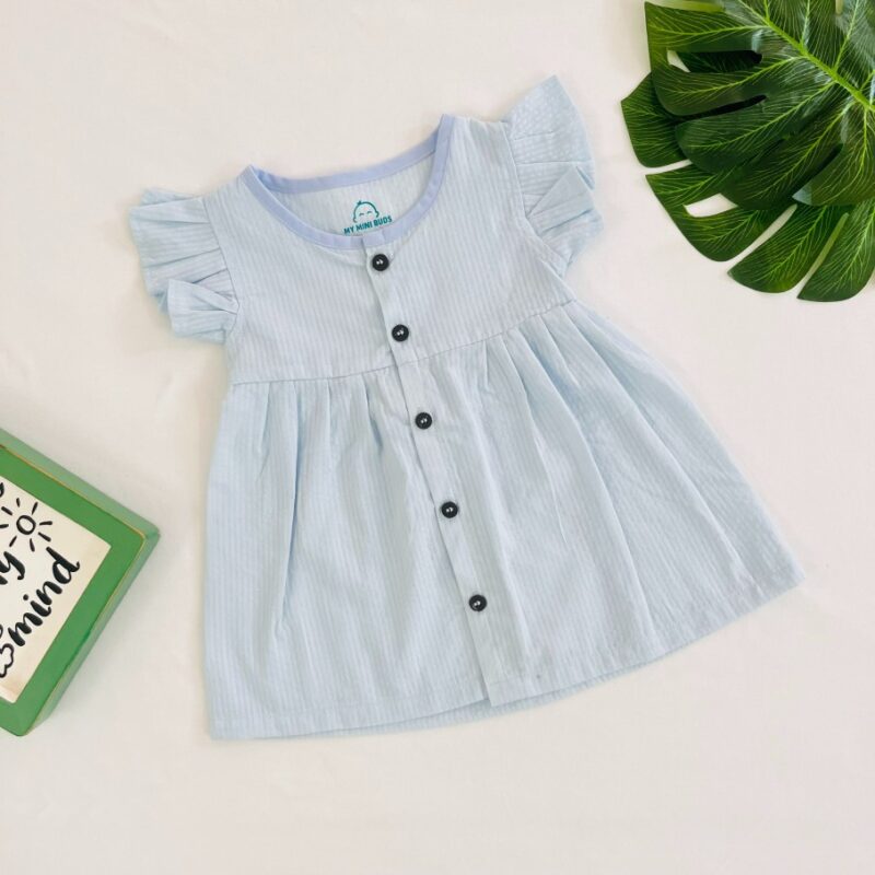 A Blue-Seersucker cotton Frill Frock - Image 1