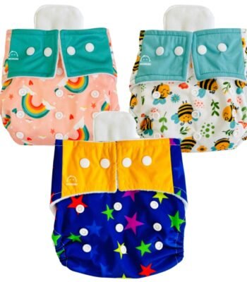 Reusable cloth diaper with absorbent inserts in soft breathable fabric for babies