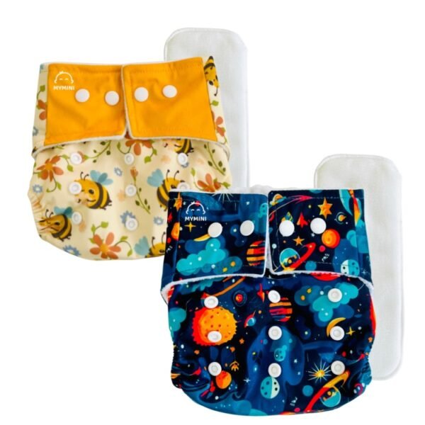 Reusable cloth diaper with absorbent inserts in soft breathable fabric for babies